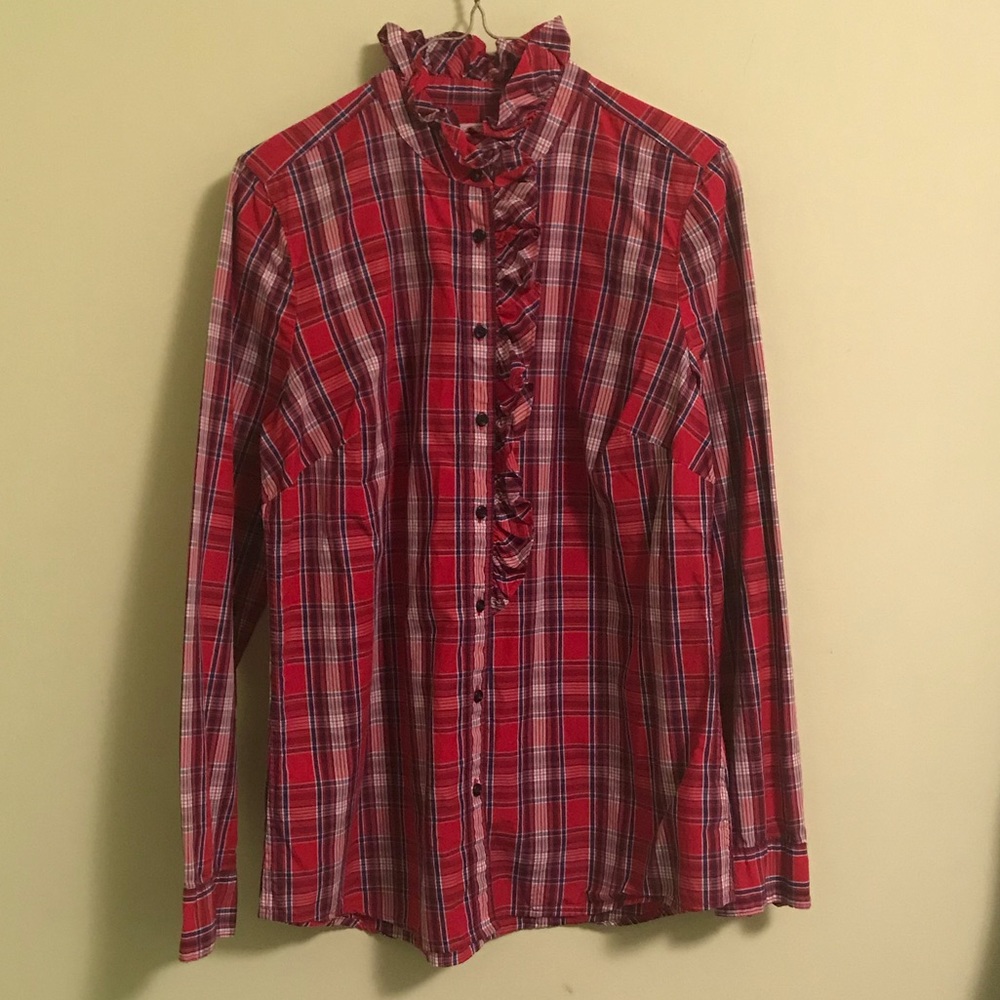 Gap plaid boyfriend shirt with ruffles